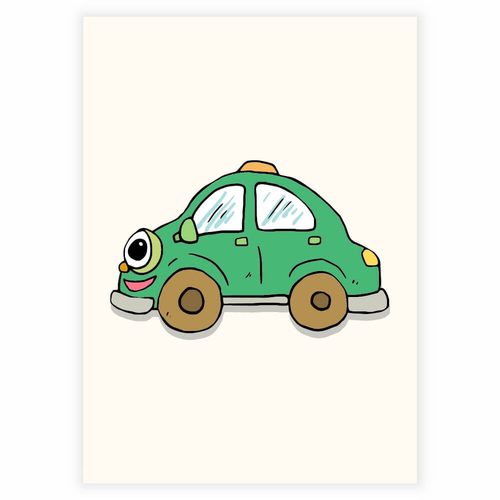 sød og sjov grøn bil med øjne som plakat til børneværelset