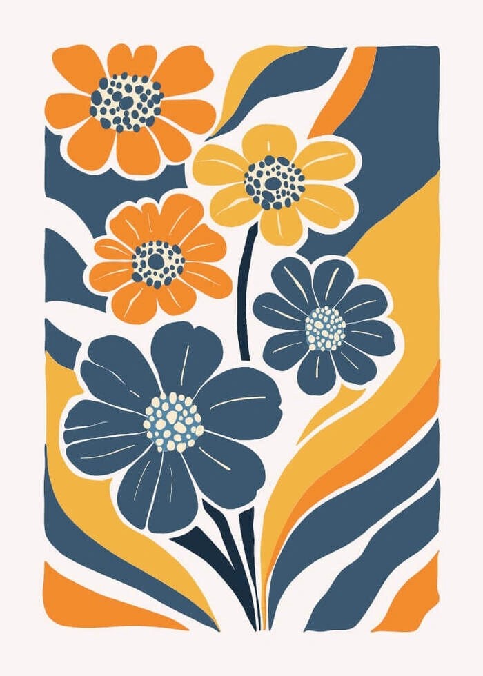 Smuk abstrakte blomster i orange og blå nuancer som plakat