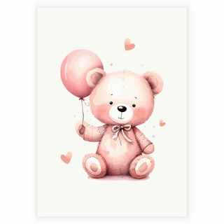 Lyserød ballon og bamse med hjerter - Plakat