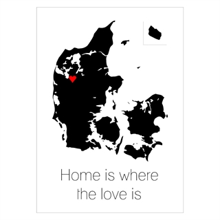 Flot og enkel plakat med et skønt Danmarkskort og et fint lille hjerte,, som du selv vælger placering for. 