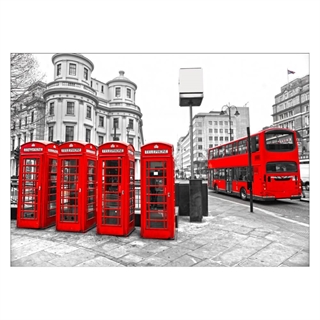 Plakat med rød telefonboks og bus fra london