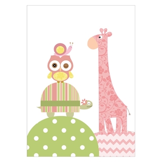 Børneplakat med giraf og ugle i rosa