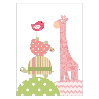 Børneplakat giraf, skildpadder og fugl