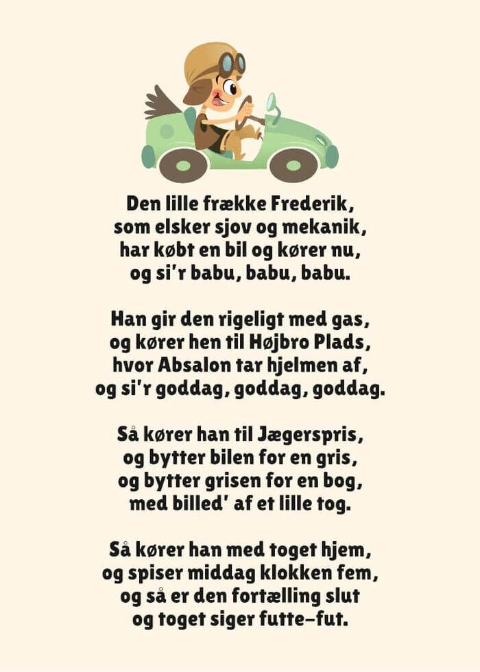 Børneplakat med tekst om  den lille frække Frederik