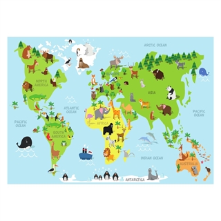 Børneplakat med verdenskort og søde dyr
