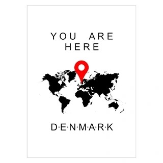Plakat med danmarkskort, og rød plet hvor du er.