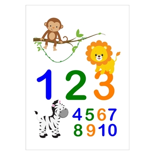 Sjov Børneplakat der lære dit barn at tælle til 10, med farverig dyr. 