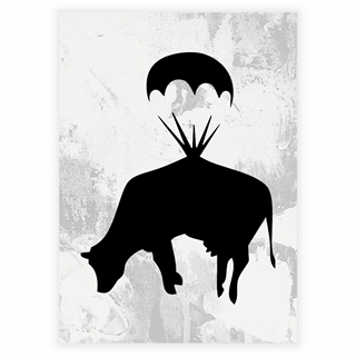 Plakat af en ko i en faldskærm af Banksy