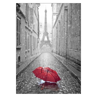 Plakat - Eiffel tower with red umbrella. En virkelig smuk plakat med Eiffeltårnet i sort/hvis, og et rødt paraply på gaden.