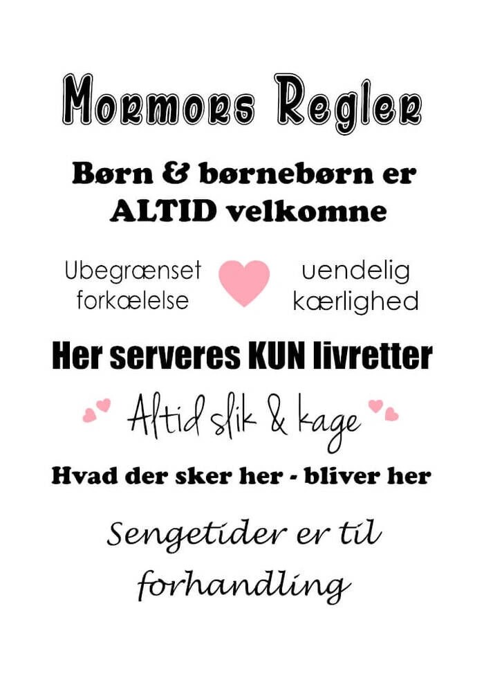 Plakat med dejlige og kærlige regler hos mormor 