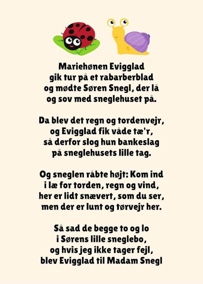 Børneplakat med den søde sangtekst Mariehønen evigglad. Børneplakaten er ideel til børneværelset. 