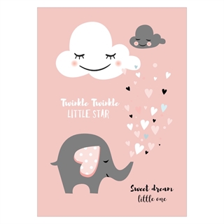 En sød børneplakat med sky og en lille, nuttet elefant i lyserød