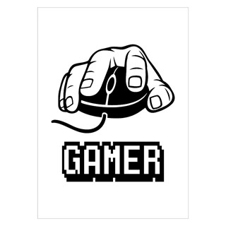 Plakat med teksten gamer og med en hånd på en mus
