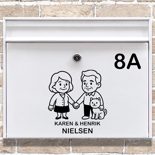 Postkasse sticker med ældre ægtepar med en kat