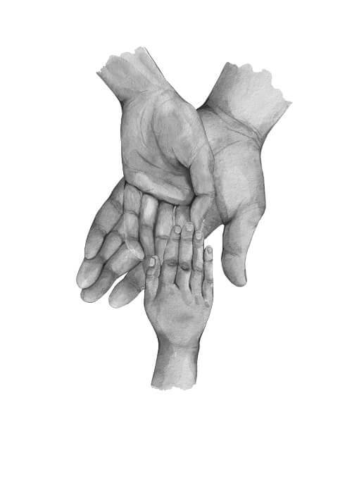 Far, mor & 1 større barn - køb en flot plakat online i dag. Bedårende familie plakat med illustration af tre hænder.