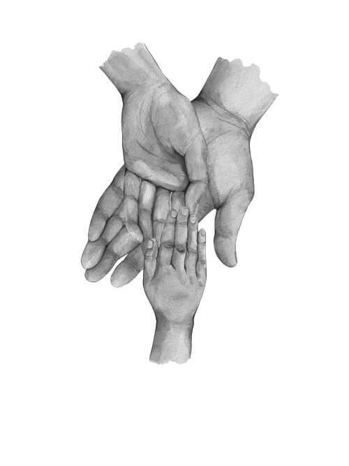 Far, mor & 1 større barn - køb en flot plakat online i dag. Bedårende familie plakat med illustration af tre hænder.
