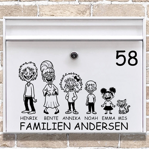 Postkasse‑stickers med den skøre familie