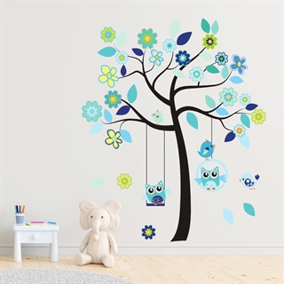 Smukt ugletræ i blå nuancer - wallstickers