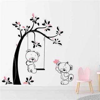 Wallstickers træ med bamser lyserød