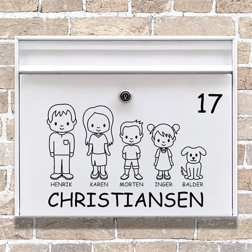 Postkasse stickers med figurer af din familie og jeres husdyr. Fin sticker med plads til navne, efternavn(e) og husnummer.