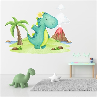 Watercolor wallsticker med Dino på ø
