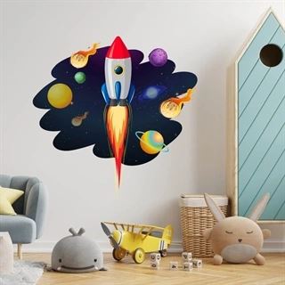 Raketskib med mange planeter og asteroider - wallstickers