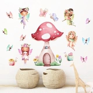 Akvarel Feer med svampehus wallstickers