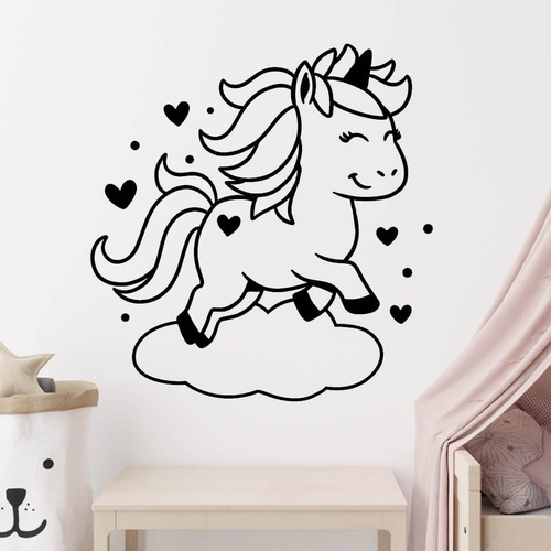 sød enhjørning wallsticker, der sidder på en sky omgivet af små hjerter