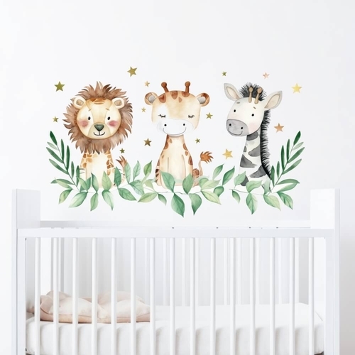 Wallsticker med akvarel safaridyr med løve, giraf og zebra